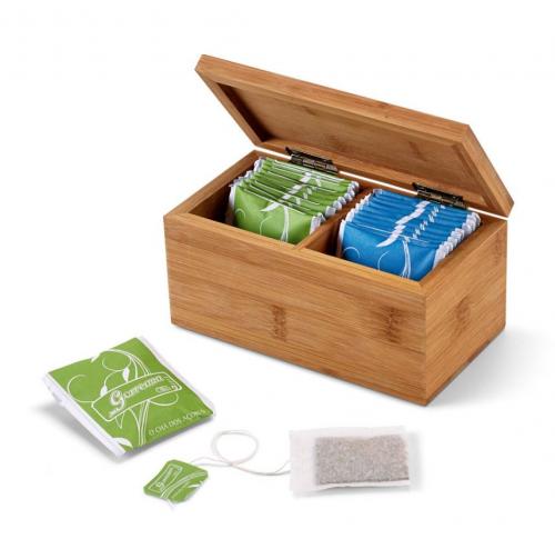 Wooden Tea Bag Organiser Bamboo Two Compartments Includes 20 Tea Bags Azorean Tea